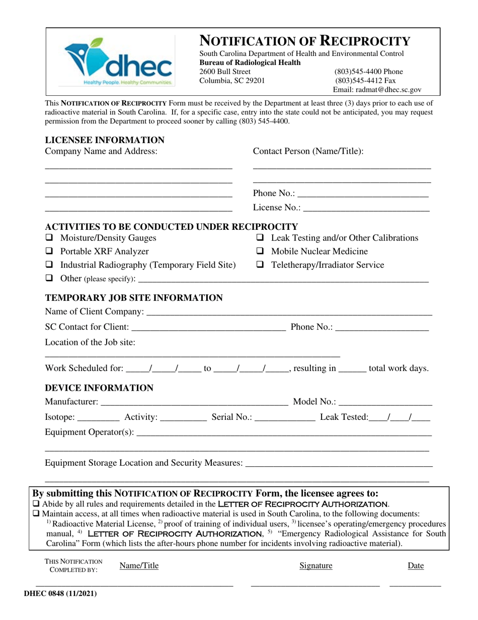 DHEC Form 0848 Notification of Reciprocity - South Carolina, Page 1