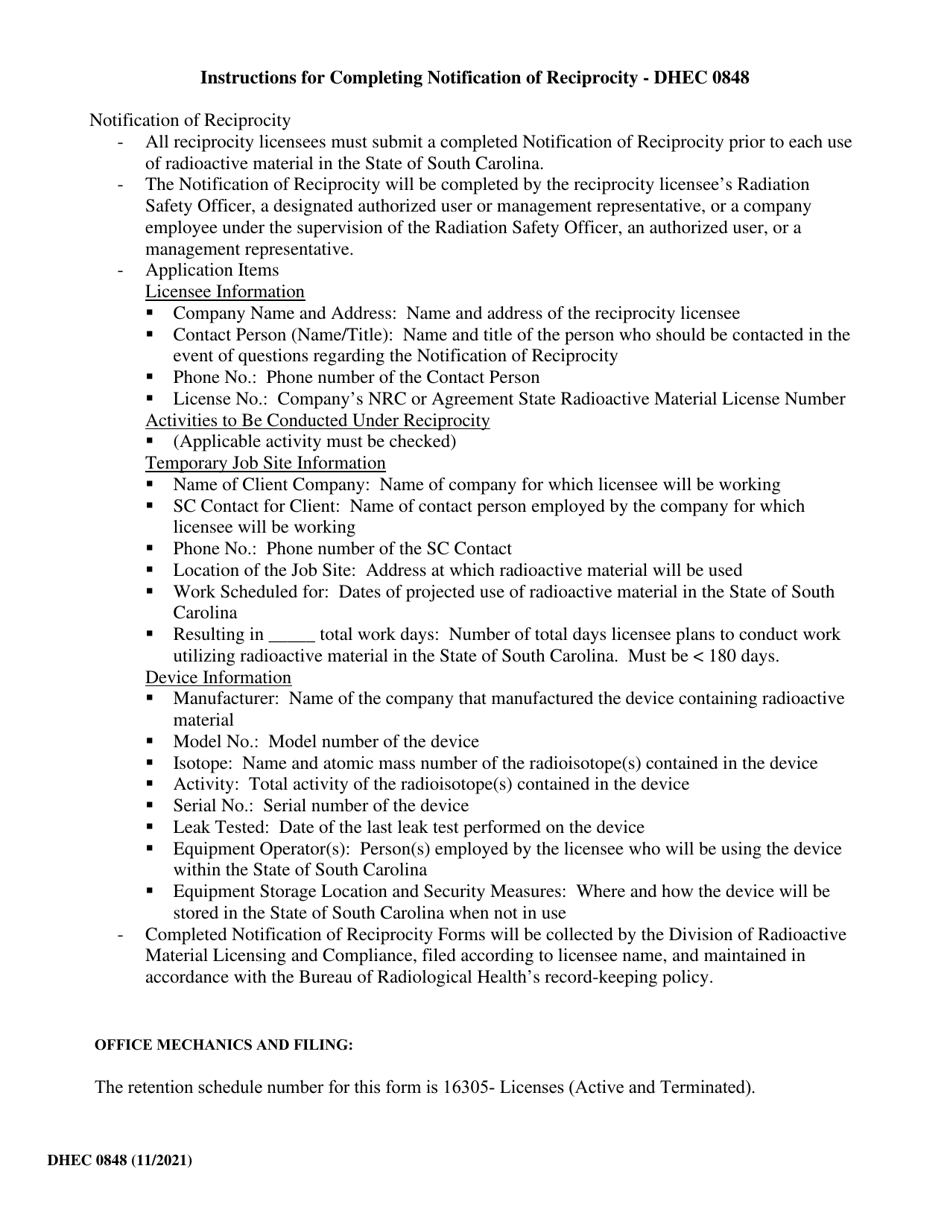 DHEC Form 0848 Notification of Reciprocity - South Carolina, Page 2