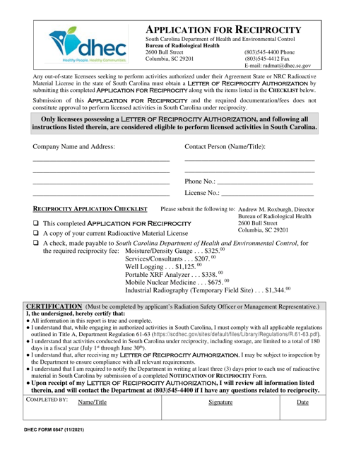 DHEC Form 0847 Application for Reciprocity - South Carolina