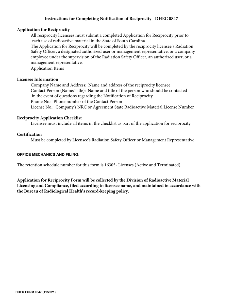 DHEC Form 0847 Application for Reciprocity - South Carolina, Page 2