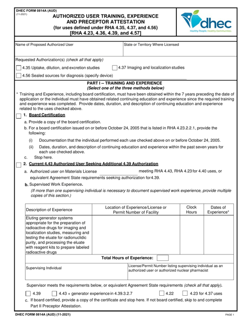 DHEC Form 0814A (AUD) Authorized User Training, Experience and Preceptor Attestation (For Uses Defined Under Rha 4.35, 4.37, and 4.56) - South Carolina