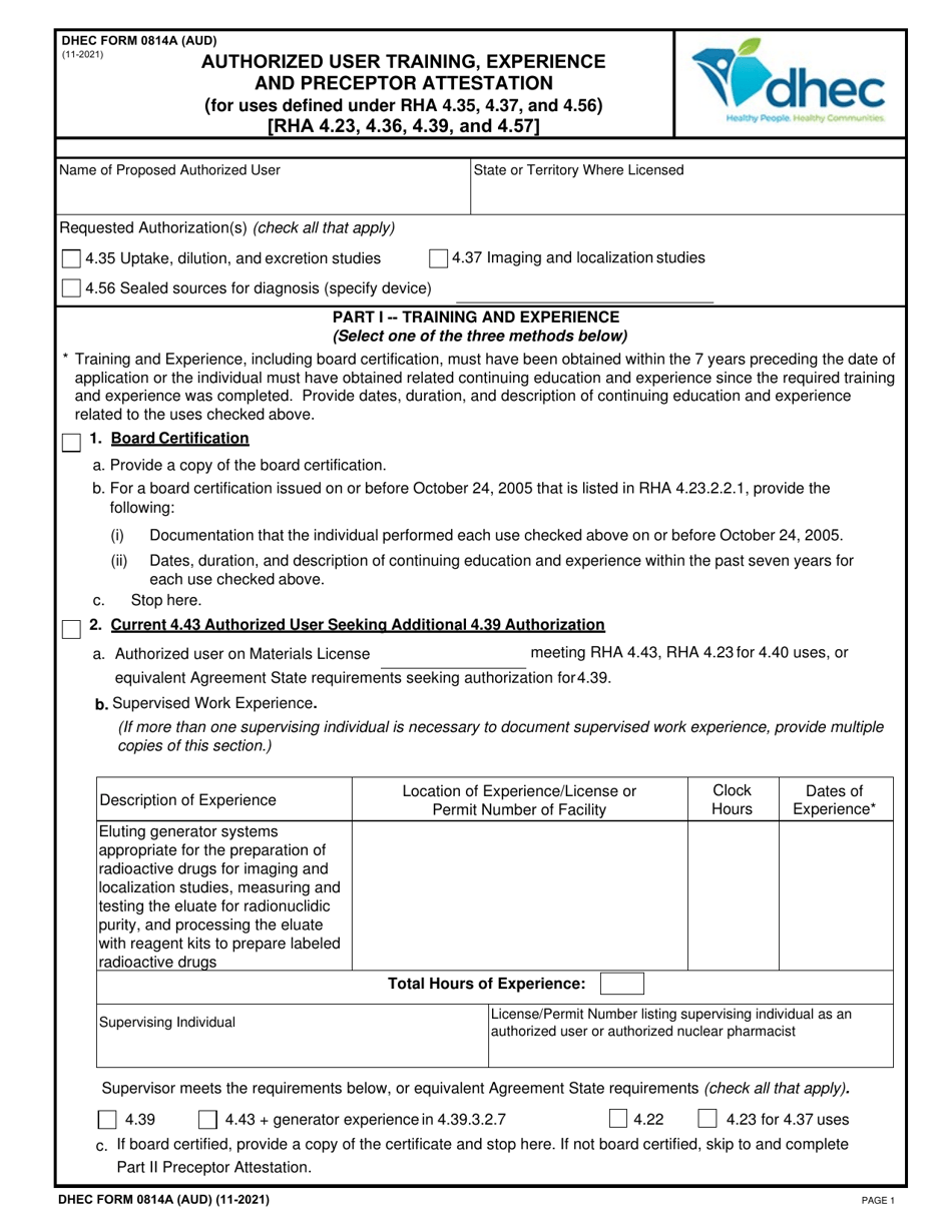 DHEC Form 0814A (AUD) Authorized User Training, Experience and Preceptor Attestation (For Uses Defined Under Rha 4.35, 4.37, and 4.56) - South Carolina, Page 1