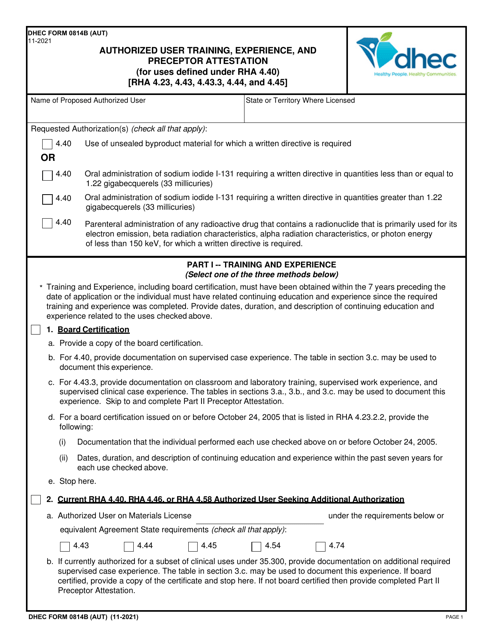 DHEC Form 0814B (AUT)  Printable Pdf