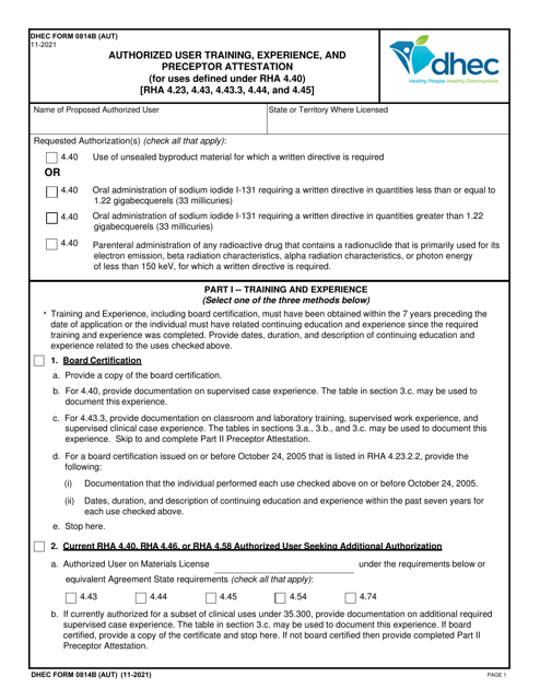 DHEC Form 0814B (AUT) Authorized User Training, Experience, and Preceptor Attestation (For Uses Defined Under Rha 4.40) - South Carolina