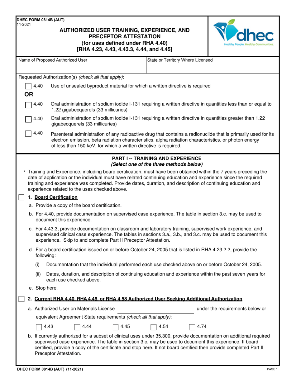 DHEC Form 0814B (AUT) Authorized User Training, Experience, and Preceptor Attestation (For Uses Defined Under Rha 4.40) - South Carolina, Page 1