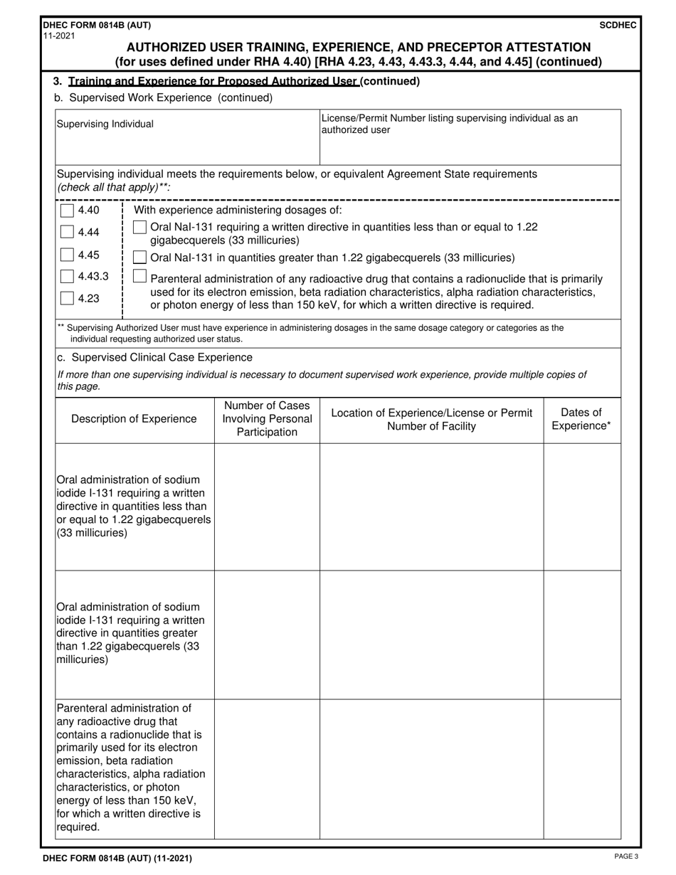 DHEC Form 0814B (AUT) Authorized User Training, Experience, and Preceptor Attestation (For Uses Defined Under Rha 4.40) - South Carolina, Page 3