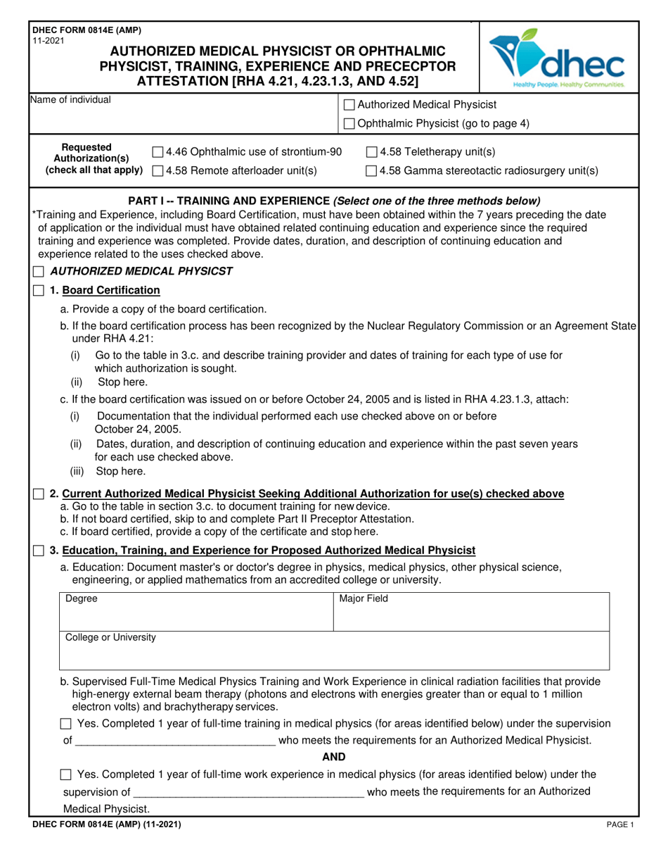 DHEC Form 0814E (AMP) Authorized Medical Physicist or Ophthalmic Physicist, Training, Experience and Prececptor Attestation - South Carolina, Page 1