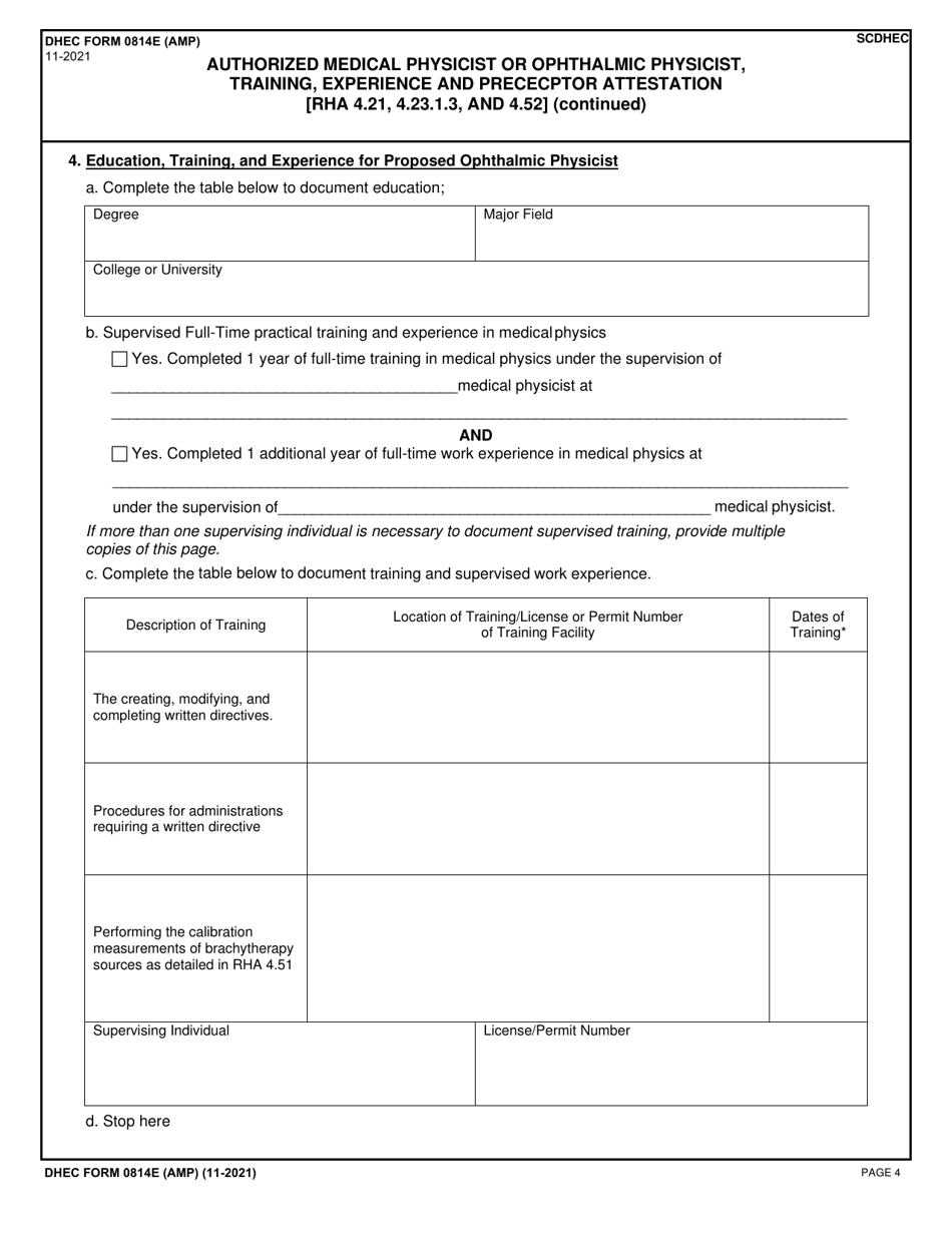 DHEC Form 0814E (AMP) Authorized Medical Physicist or Ophthalmic Physicist, Training, Experience and Prececptor Attestation - South Carolina, Page 4