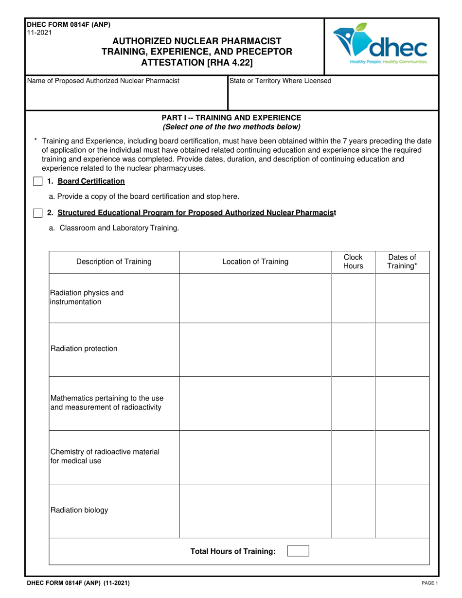 DHEC Form 0814F (ANP) Authorized Nuclear Pharmacist Training, Experience, and Preceptor Attestation (Rha 4.22) - South Carolina, Page 1