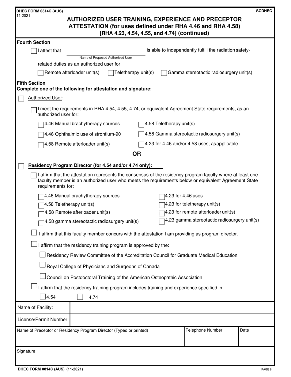 DHEC Form 0814C (AUS) Authorized User Training, Experience and Preceptor Attestation (For Uses Defined Under Rha 4.46 and Rha 4.58) (Rha 4.23, 4.54, 4.55, and 4.74) - South Carolina, Page 6