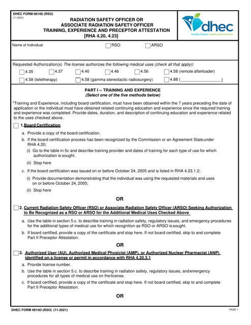 DHEC Form 0814D (RSO) Radiation Safety Officer or Associate Radiation Safety Officer Training, Experience and Preceptor Attestation (Rha 4.20, 4.23) - South Carolina