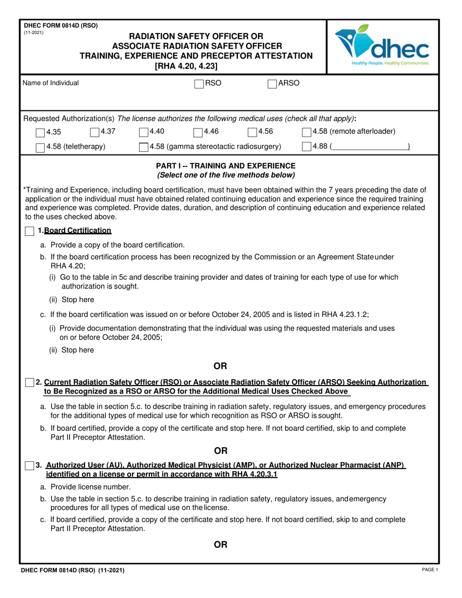 DHEC Form 0814D (RSO) Radiation Safety Officer or Associate Radiation Safety Officer Training, Experience and Preceptor Attestation (Rha 4.20, 4.23) - South Carolina, Page 1