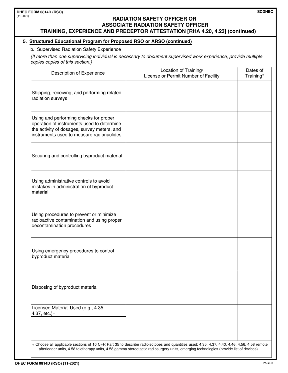 DHEC Form 0814D (RSO) Radiation Safety Officer or Associate Radiation Safety Officer Training, Experience and Preceptor Attestation (Rha 4.20, 4.23) - South Carolina, Page 3