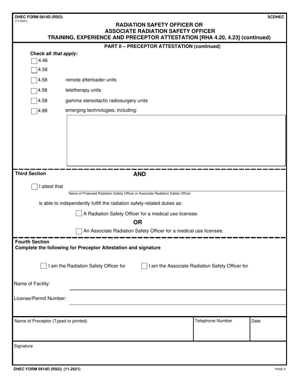 DHEC Form 0814D (RSO) Radiation Safety Officer or Associate Radiation Safety Officer Training, Experience and Preceptor Attestation (Rha 4.20, 4.23) - South Carolina, Page 6