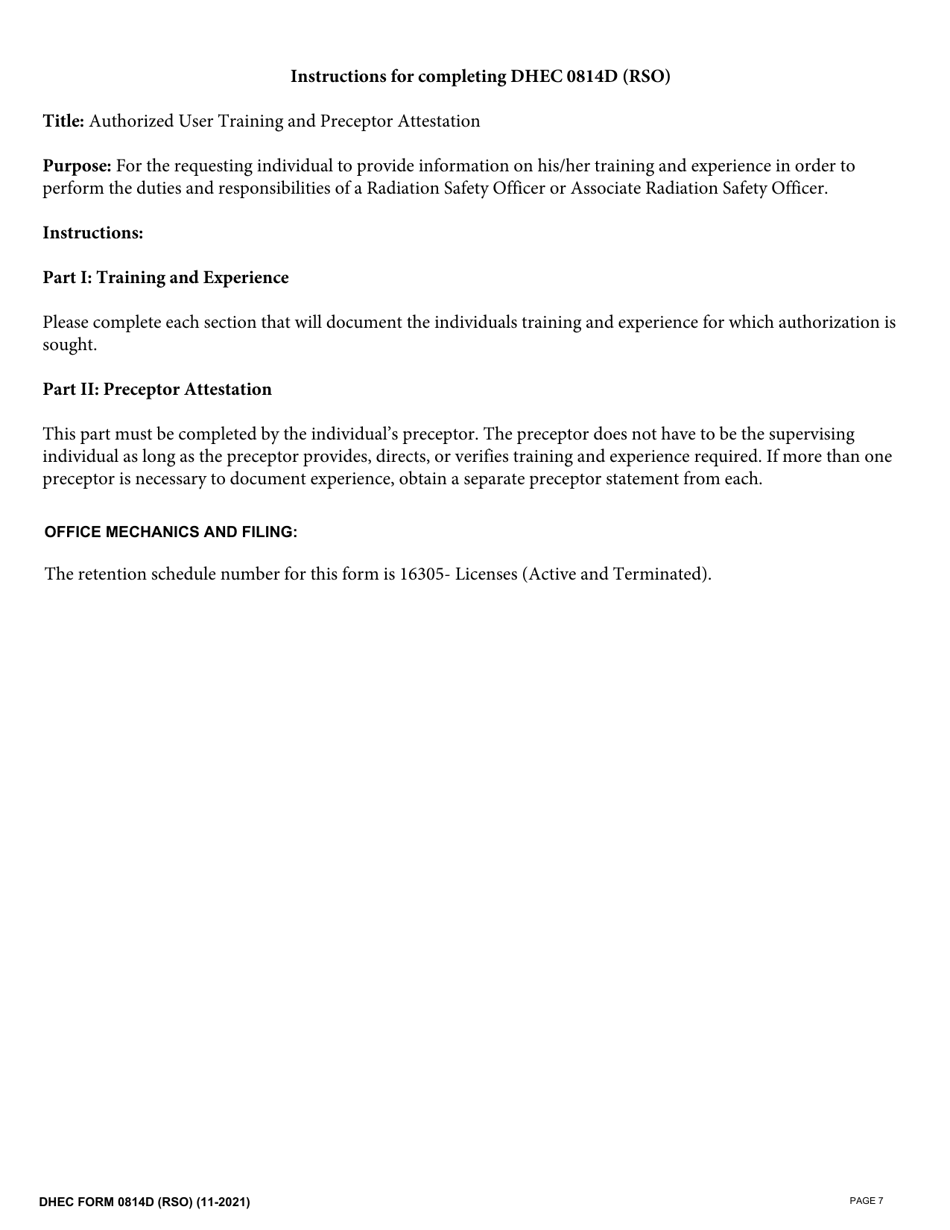 DHEC Form 0814D (RSO) Radiation Safety Officer or Associate Radiation Safety Officer Training, Experience and Preceptor Attestation (Rha 4.20, 4.23) - South Carolina, Page 7