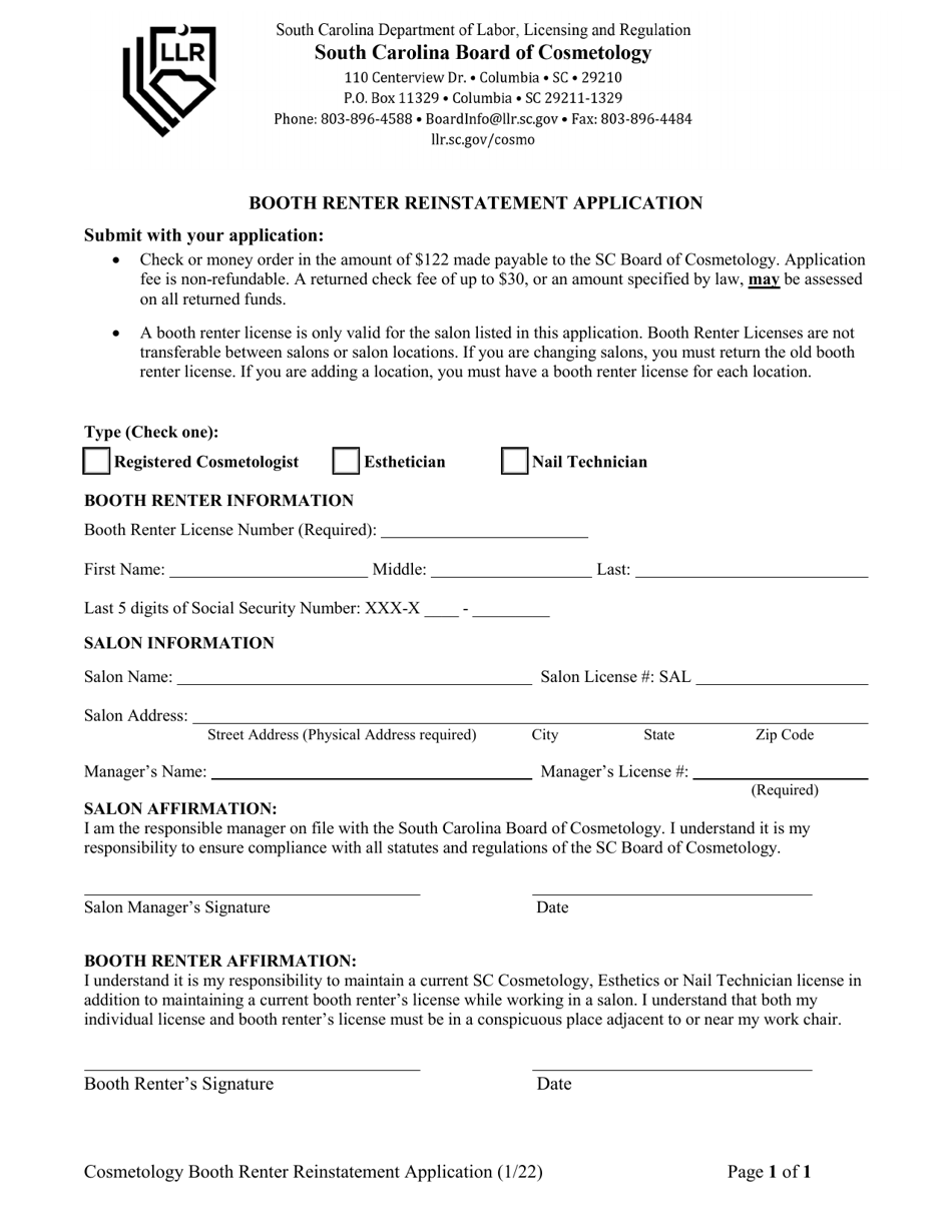 Booth Renter Reinstatement Application - South Carolina, Page 1