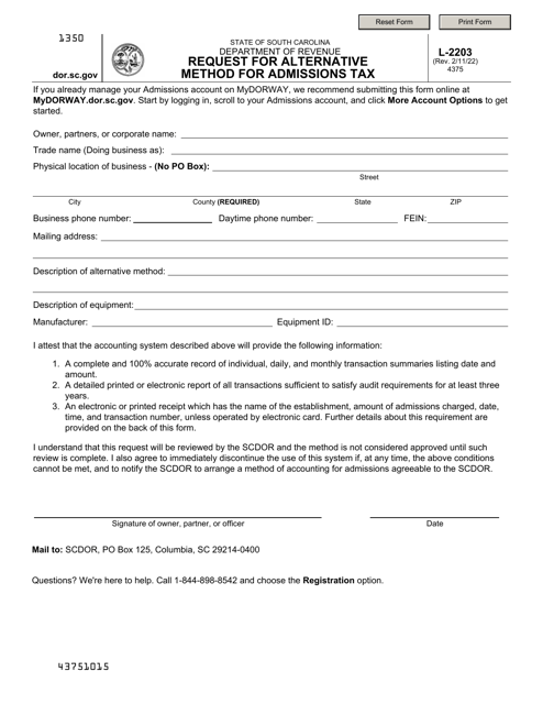 Form L-2203 Request for Alternative Method for Admissions Tax - South Carolina