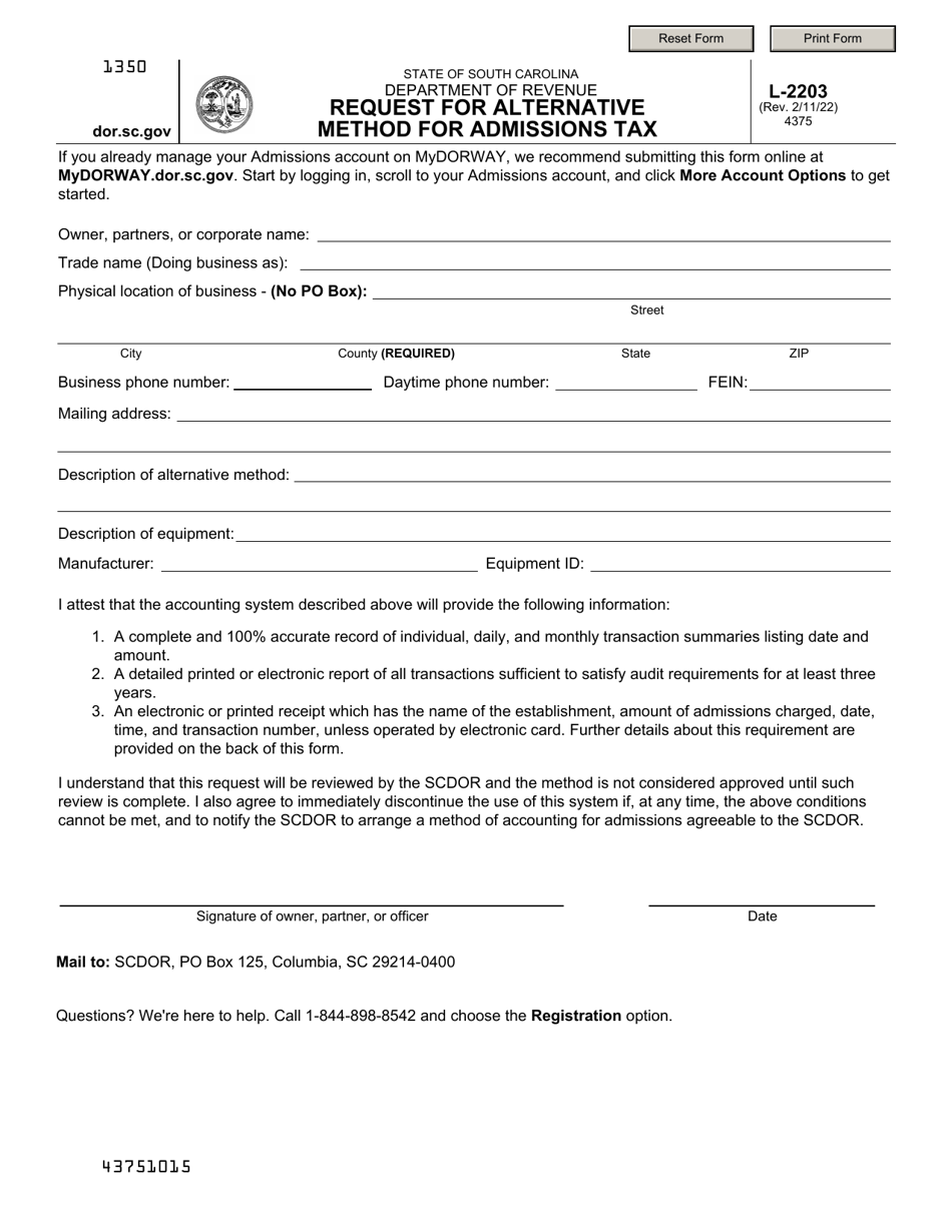 Form L-2203 Request for Alternative Method for Admissions Tax - South Carolina, Page 1