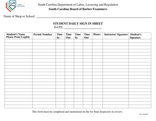 Document preview: Student Daily Sign in Sheet - South Carolina Board of Barber Examiners - South Carolina