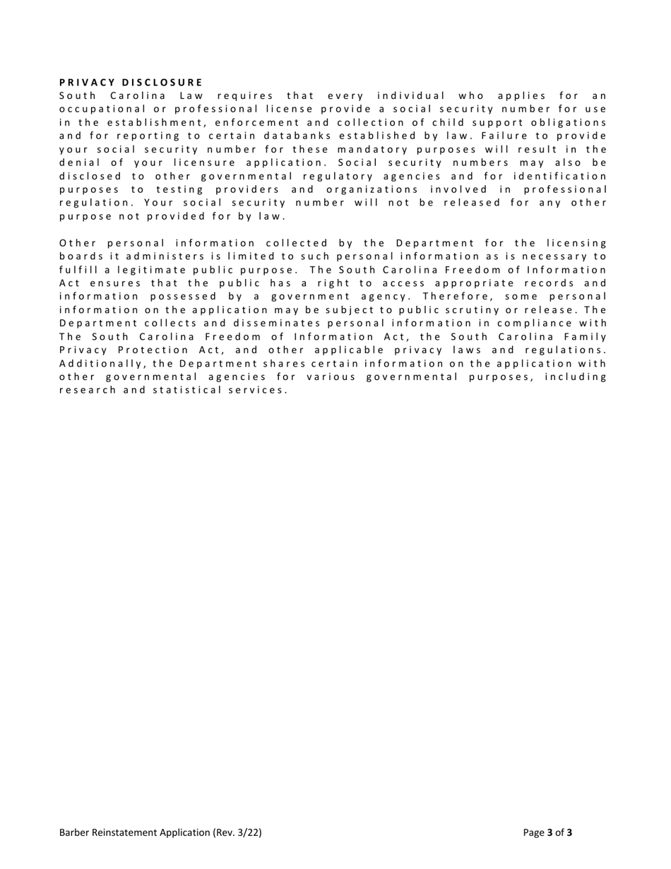 Barber Reinstatement Application - South Carolina, Page 3
