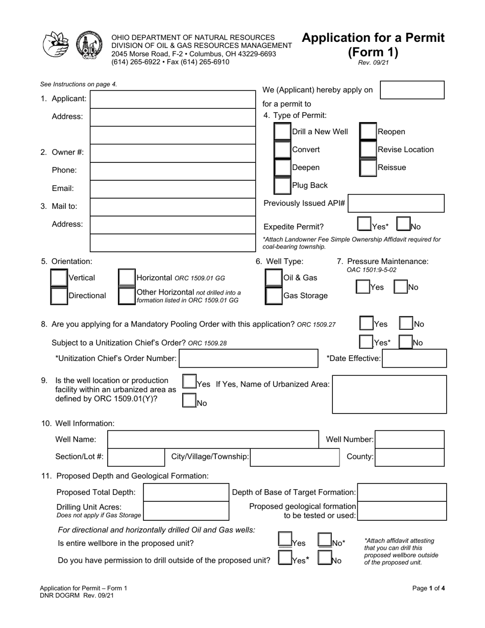 Form 1 Application for a Permit - Ohio, Page 1