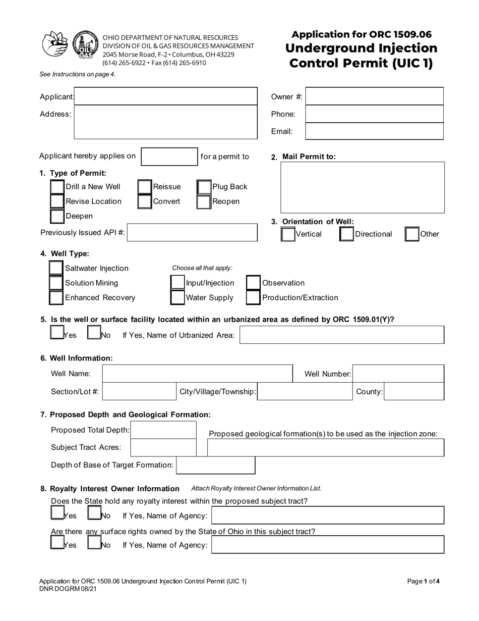 Form UIC1 Application for Orc 1509.06 Underground Injection Control Permit - Ohio, Page 1