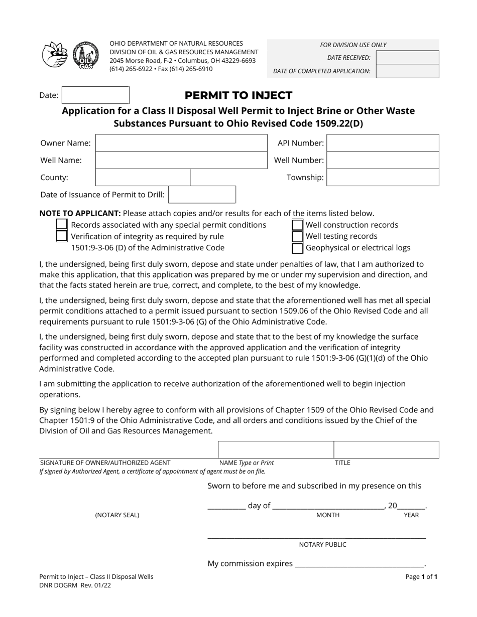 Permit to Inject - Application for a Class II Disposal Well Permit to Inject Brine or Other Waste Substances Pursuant to Ohio Revised Code 1509.22(D) - Ohio, Page 1