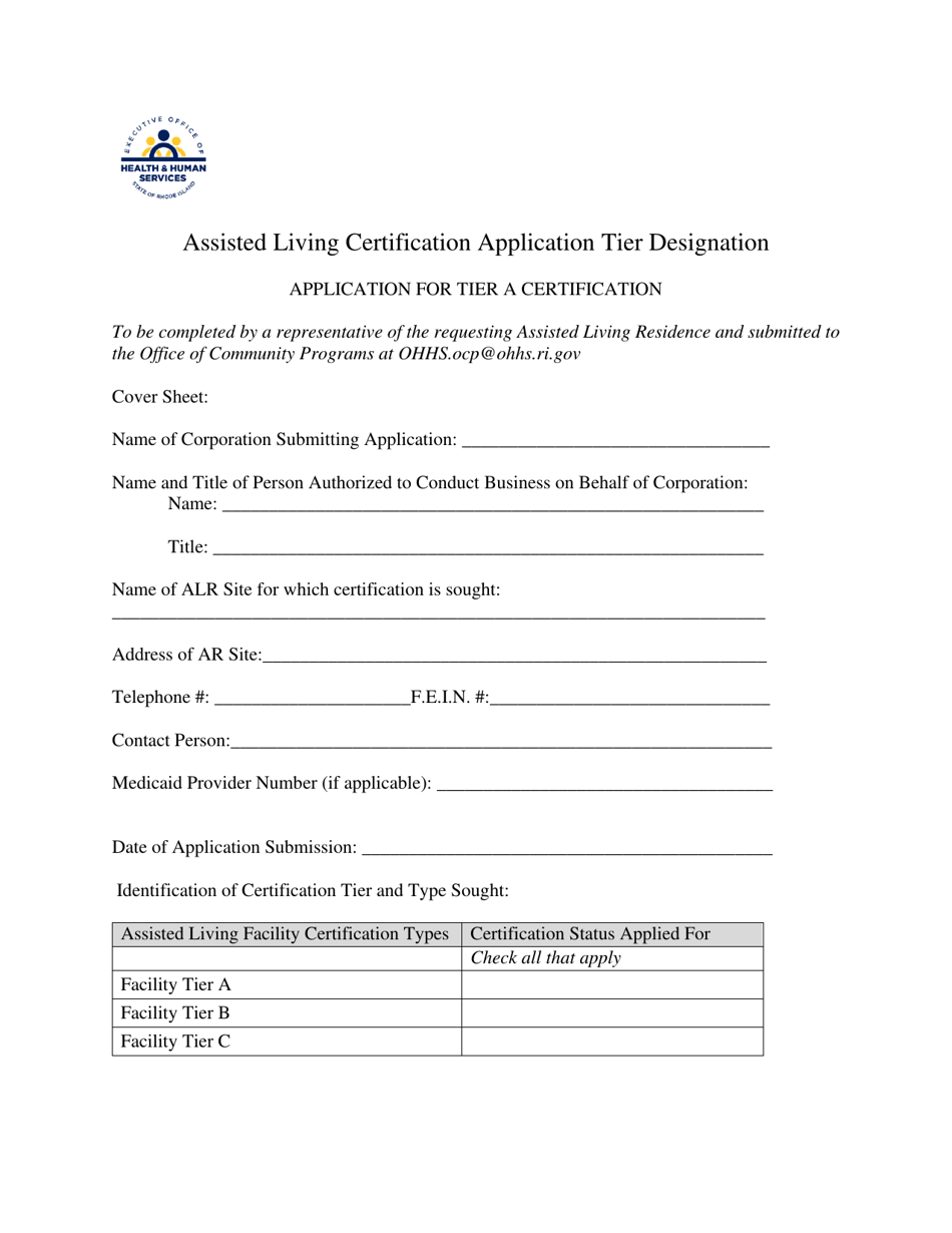 Assisted Living Certification Application Tier Designation - Rhode Island, Page 1