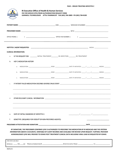 Form PA22 Fee for Service (Ffs) Prior Authorization Request Form - Drugs Treating Hepatitis C - Rhode Island