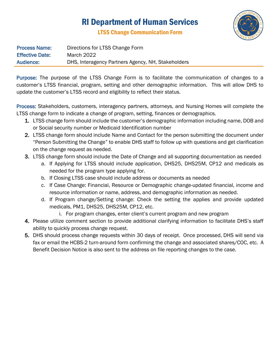 Ltss Change Form - Rhode Island, Page 1