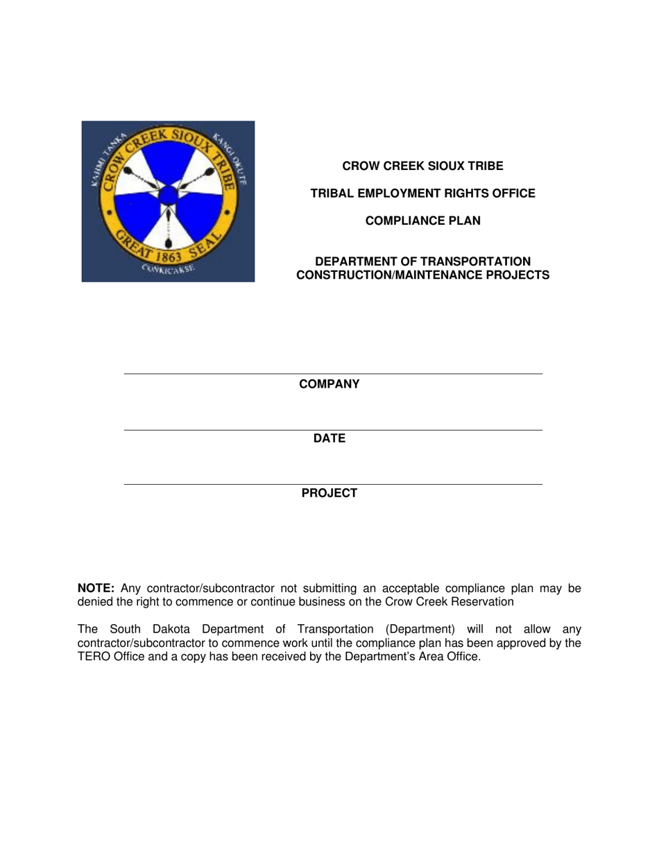 Crow Creek Sioux Tribe Compliance Plan - South Dakota, Page 1