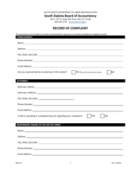 Form BOA26 &quot;Record of Complaint&quot; - South Dakota