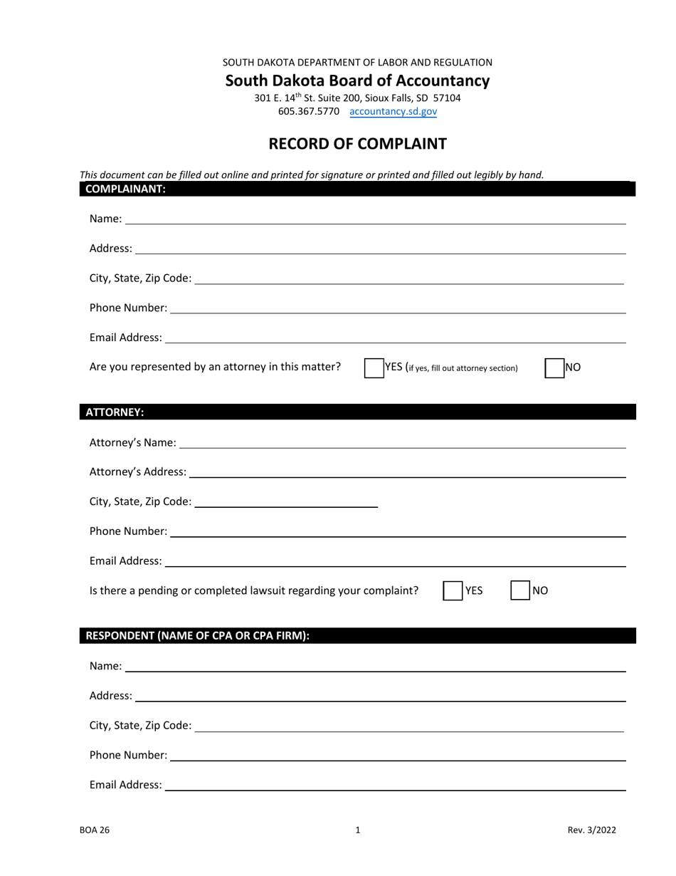 Form BOA26 Record of Complaint - South Dakota, Page 1