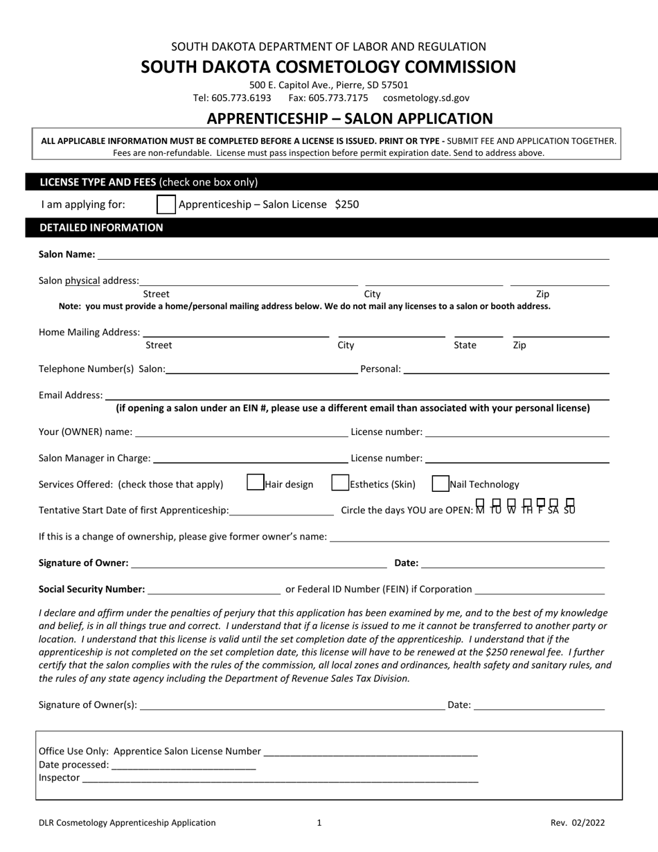 Apprenticeship - Salon Application - South Dakota, Page 1