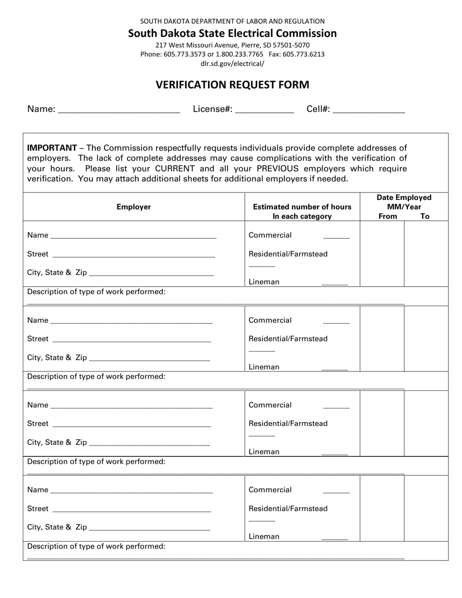Verification Request Form - South Dakota, Page 1