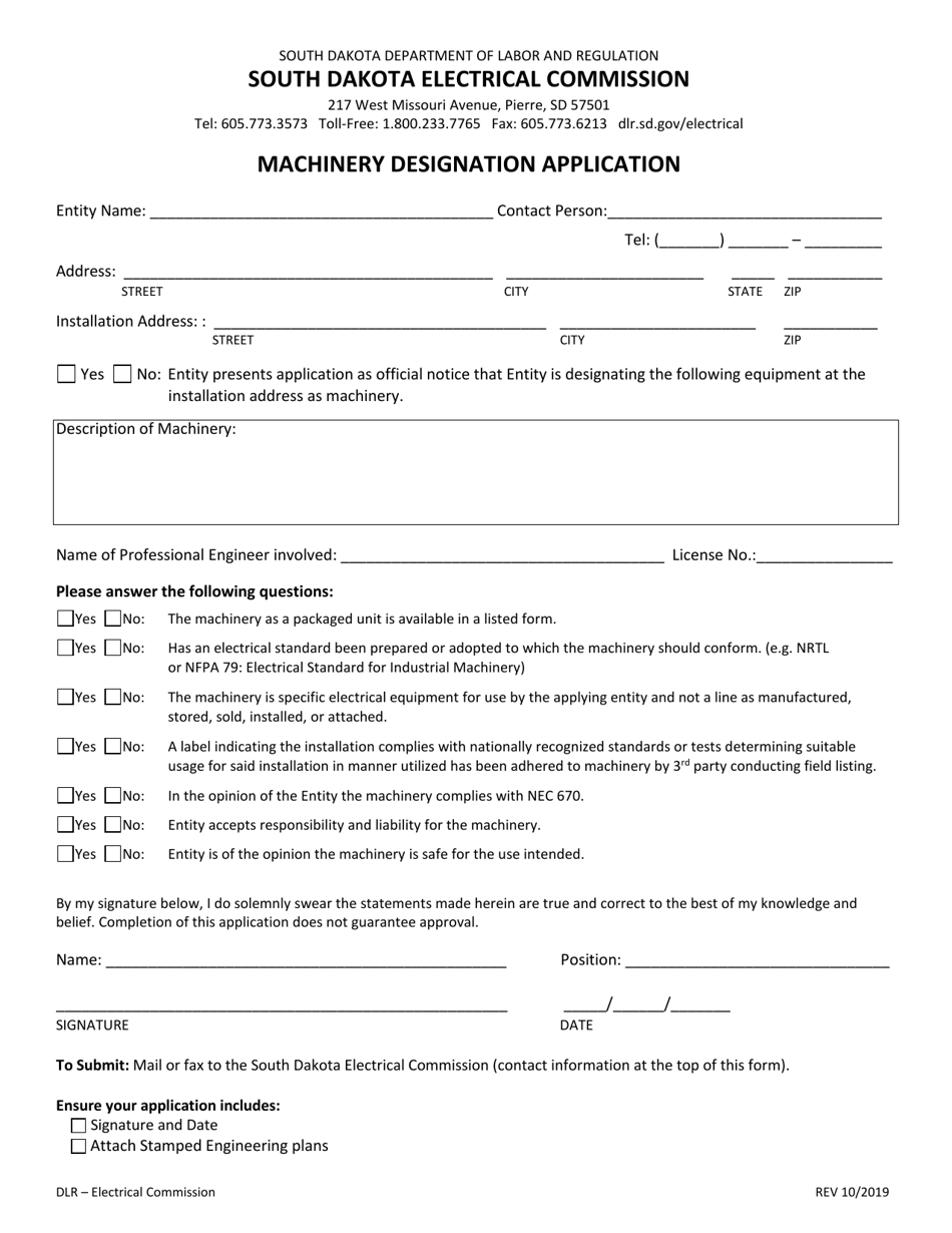 Machinery Designation Application - South Dakota, Page 1