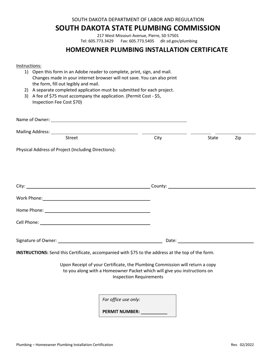 Homeowner Plumbing Installation Certificate - South Dakota, Page 1