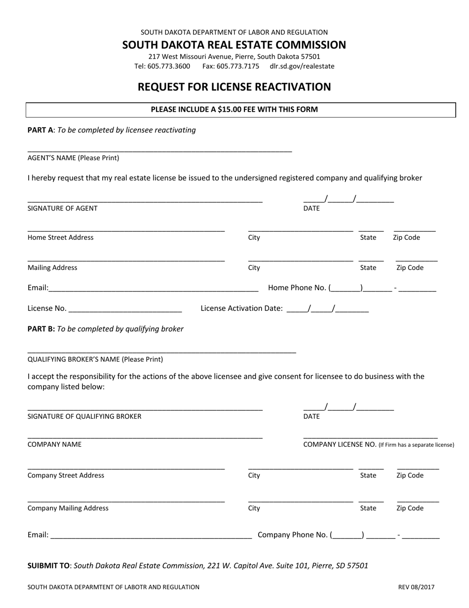 Request for License Reactivation - South Dakota, Page 1