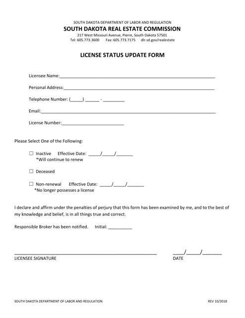 License Status Update Form - South Dakota