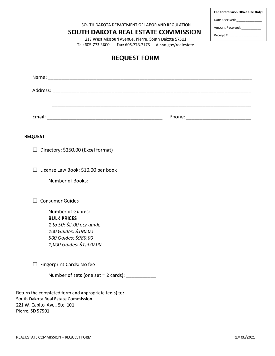 Request Form (For a Directory, License Law Book, Consumer Guide and Finger Print Cards) - South Dakota, Page 1
