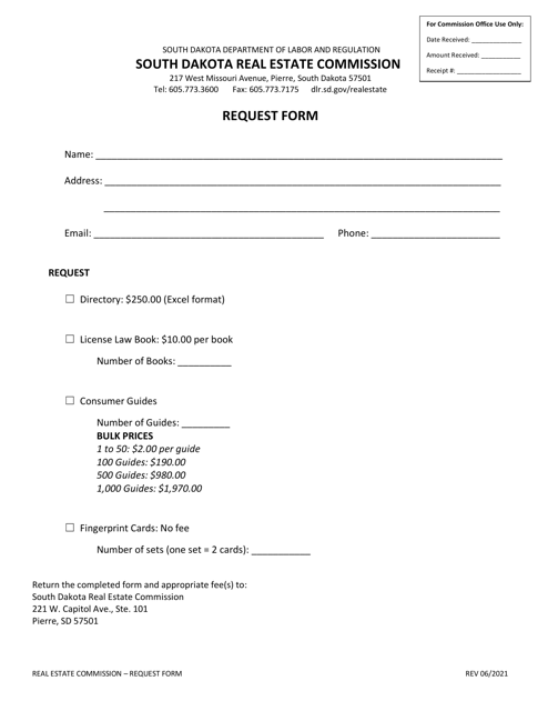 Request Form (For a Directory, License Law Book, Consumer Guide and Finger Print Cards) - South Dakota