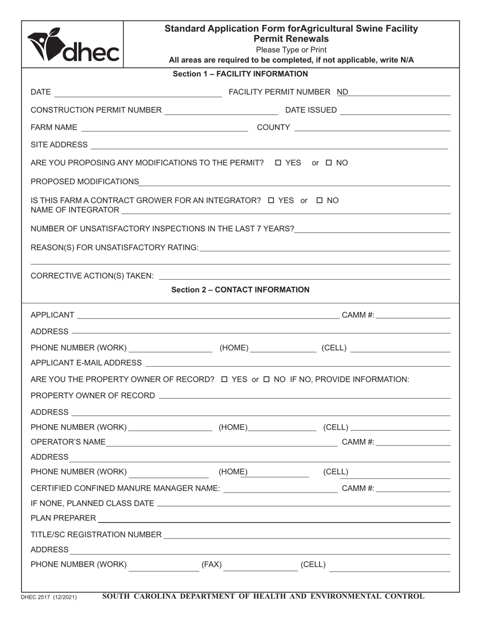 DHEC Form 2517 Standard Application Form for Agricultural Swine Facility Permit Renewals - South Carolina, Page 1
