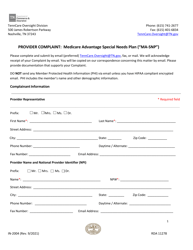 Form IN-2004 Provider Complaint: Medicare Advantage Special Needs Plan (Ma-Snp) - Tennessee