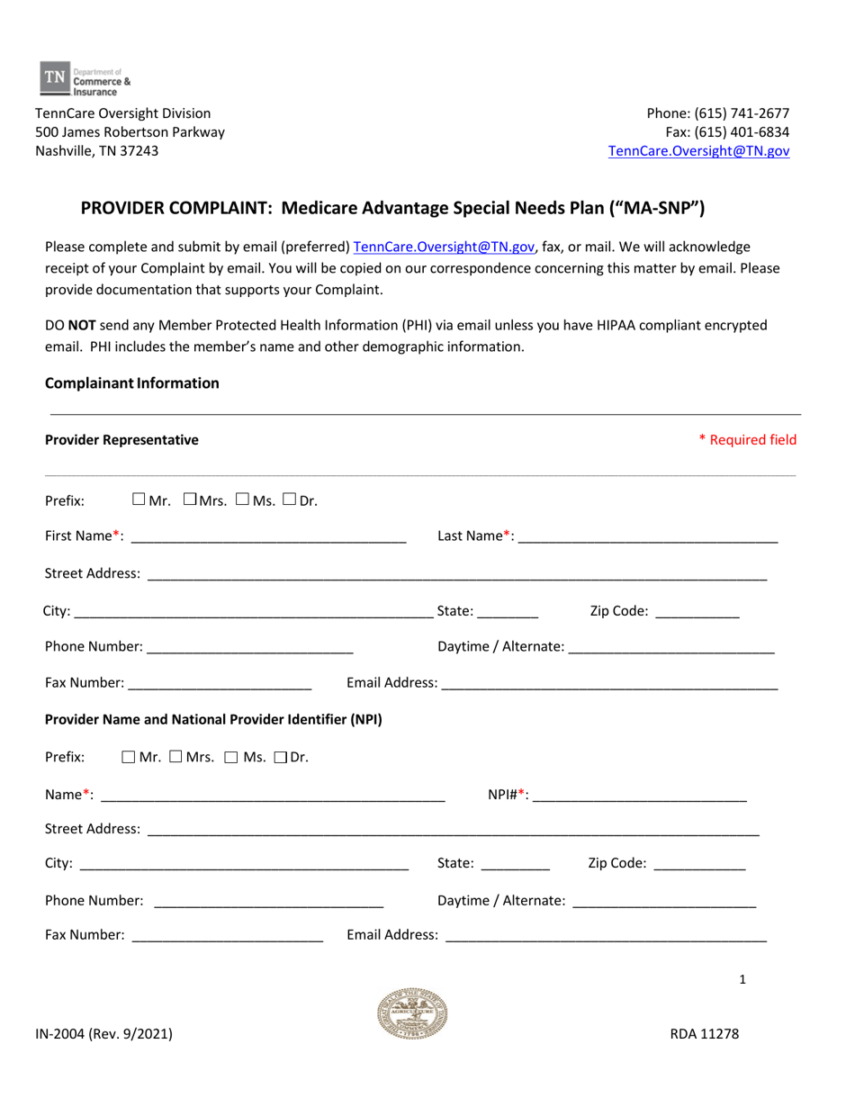 Form IN-2004 Provider Complaint: Medicare Advantage Special Needs Plan (Ma-Snp) - Tennessee, Page 1