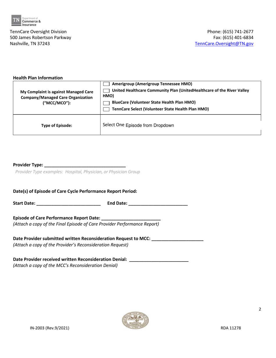 Form IN-2003 Request for Independent Review of Disputed Tenncare Program Episode of Care Cycle Provider Gain / Risk Share Total - Tennessee, Page 2