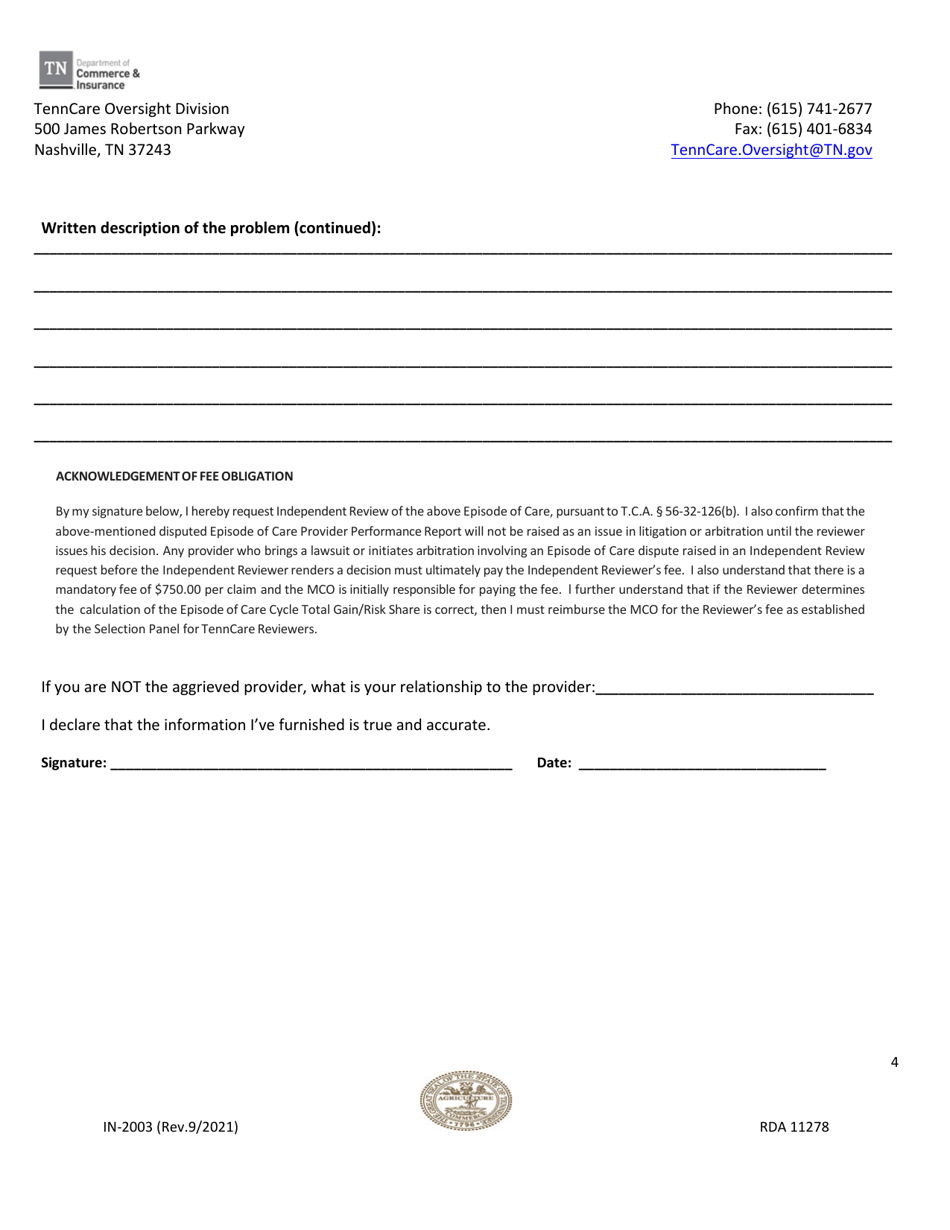 Form IN-2003 Request for Independent Review of Disputed Tenncare Program Episode of Care Cycle Provider Gain / Risk Share Total - Tennessee, Page 4