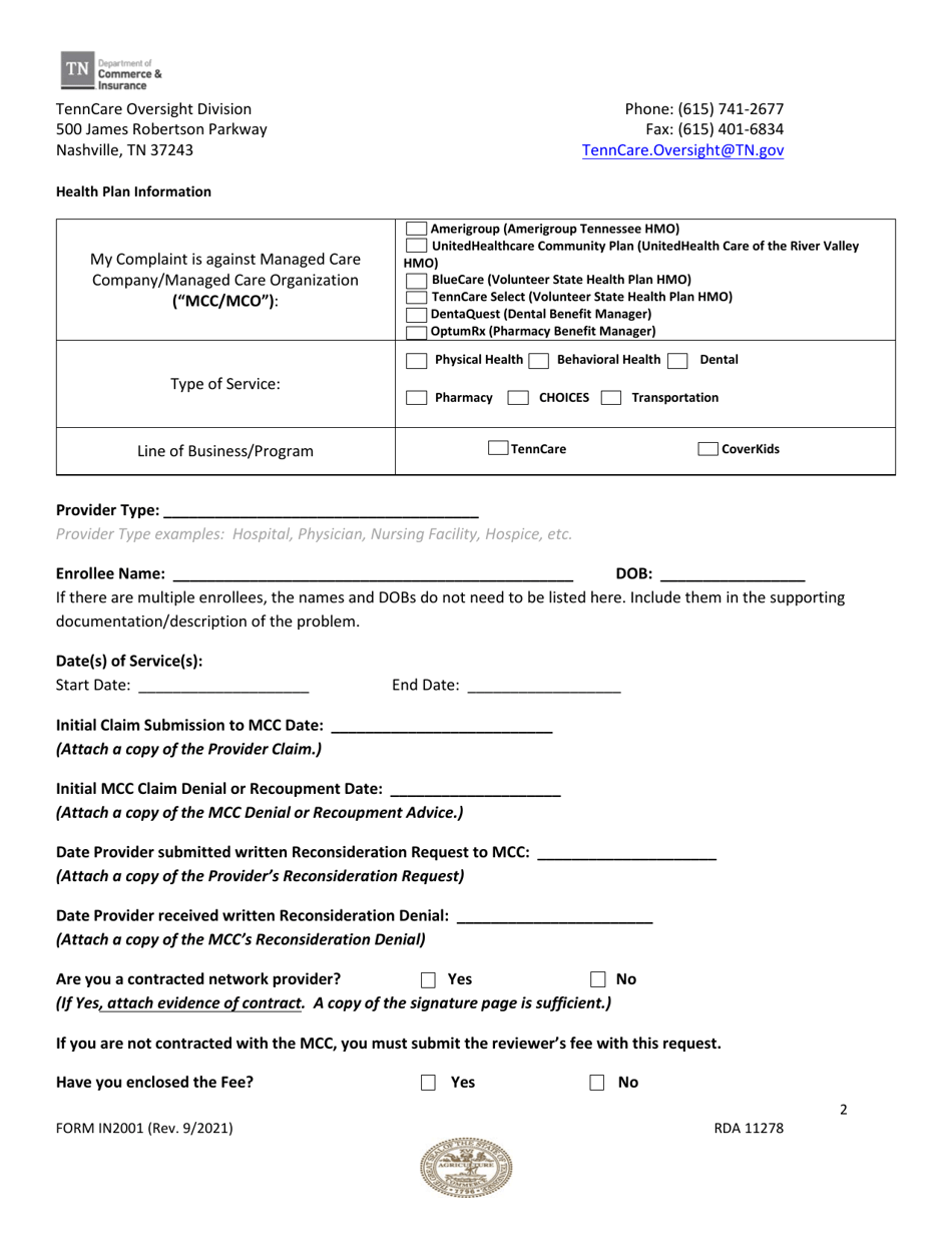 Form IN2001 Request to Commissioner for Independent Review of Disputed Provider Claim - Tenncare  Coverkids Programs - Tennessee, Page 2