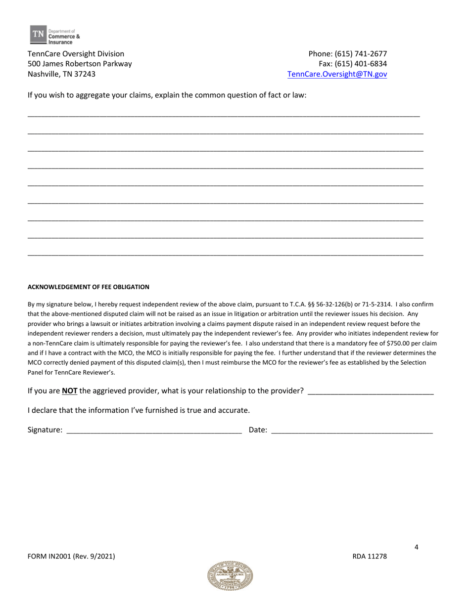 Form IN2001 Request to Commissioner for Independent Review of Disputed Provider Claim - Tenncare  Coverkids Programs - Tennessee, Page 4