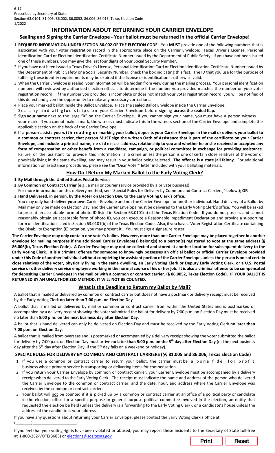 Form 6-17 Information About Returning Your Carrier Envelope - Texas (English / Spanish), Page 1