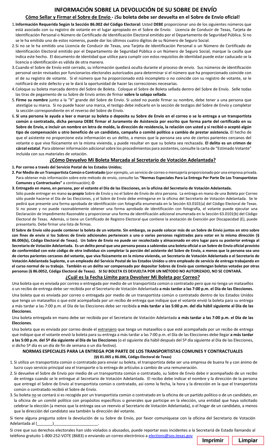 Form 6-17 Information About Returning Your Carrier Envelope - Texas (English / Spanish), Page 2